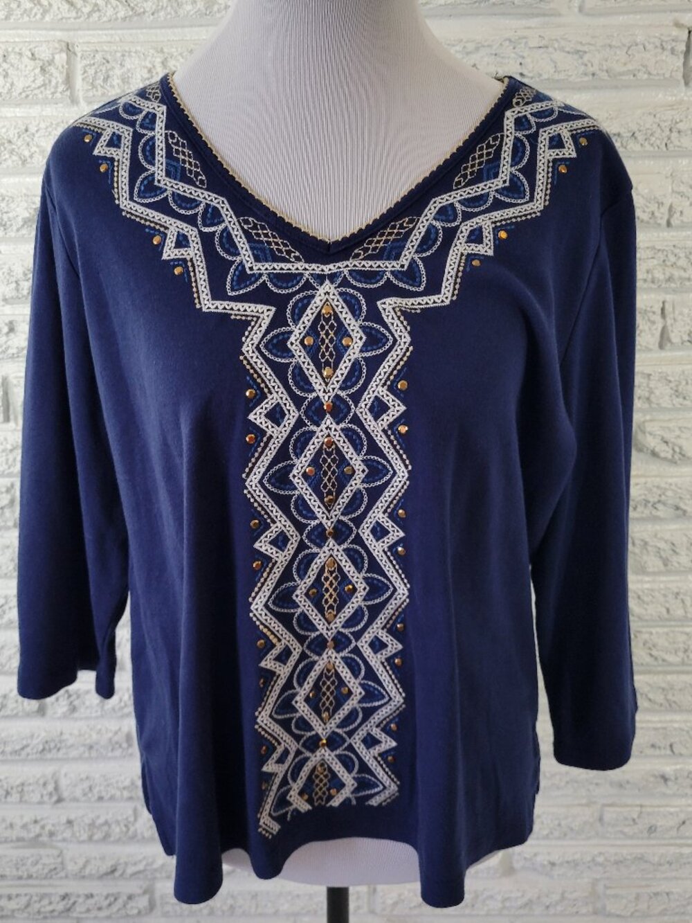 Alfred Dunner Top PXL Petite Blue Embroidered Studded V-Neck 3/4 Sleeve BLU51E